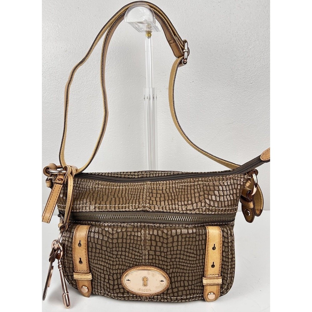 Fossil Maddox Snake Skin Embossed Brown Leather Crossbody Bag
